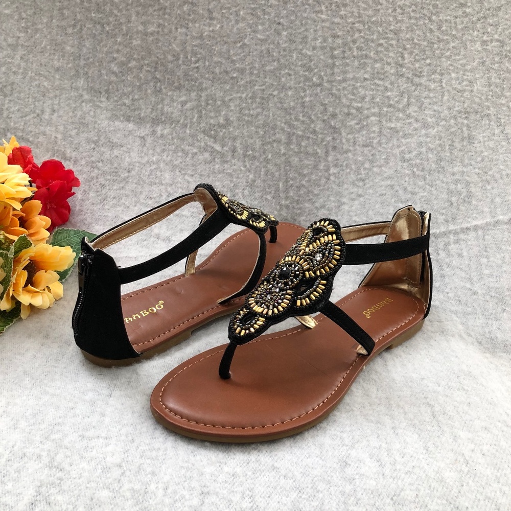NWT - Black Faux Suede Thong Sandals with Golden Beads